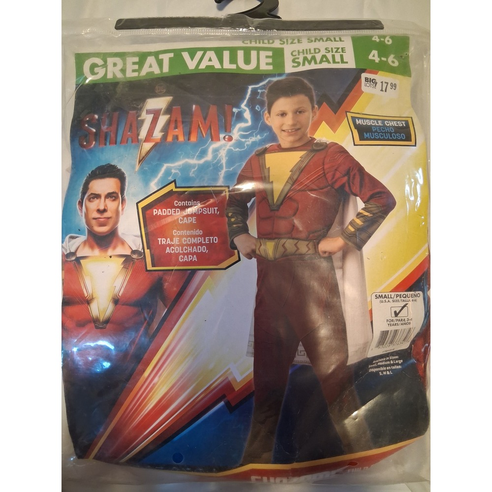 Shazam DC Comics Superhero Costume Padded Muscle Chest Jumpsuit Cape Kids 4-6